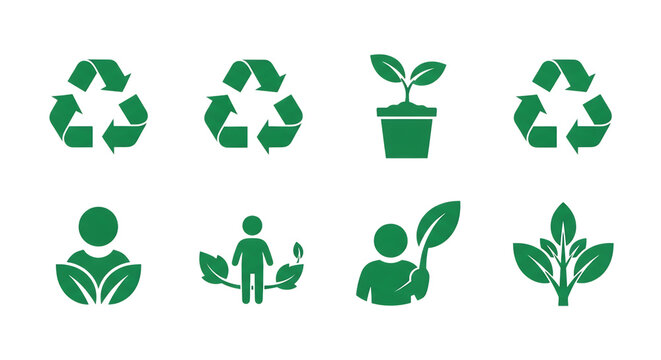 Recycling symbols and plant icons, Green representing environmental care and sustainability, cutout, PNG isolated on transparent background