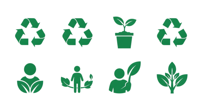 Recycling symbols and plant icons, Green representing environmental care and sustainability, cutout, PNG isolated on transparent background