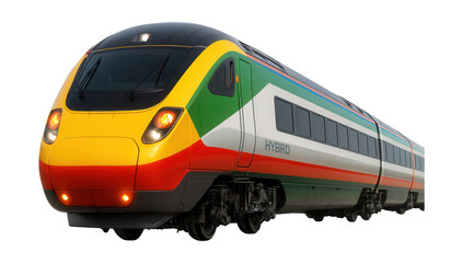 Hybrid train with enhanced suspension and high-visibility warning lights.