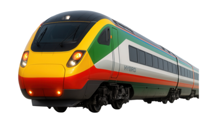 Hybrid train with enhanced suspension and high-visibility warning lights.