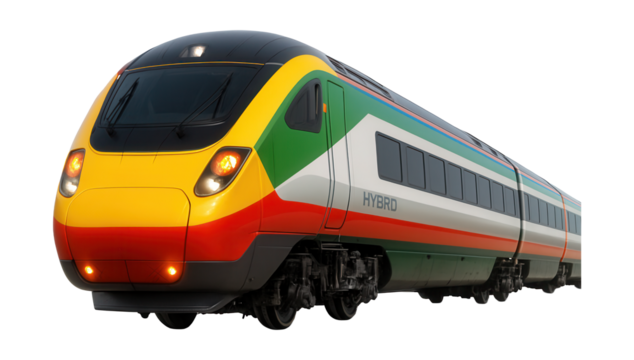 Hybrid train with enhanced suspension and high-visibility warning lights.