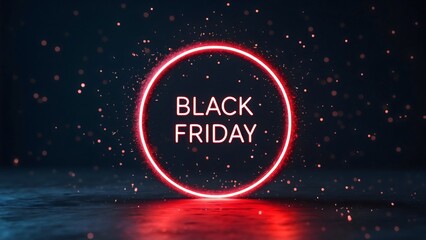 Black Friday text in glowing red circle ring on a dark background with bokeh effects, highlighting sale excitement