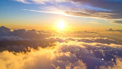 Golden Sunrise Above Clouds: Breathtaking Aerial View of City Lights & Dramatic Sky - Inspiring Hope & Tranquility