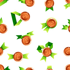 Seamless pattern of awards featuring bronze medals, green ribbons, and trophies. The design is vibrant and suitable for celebration themes.