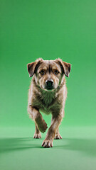Brown dog with a black nose walking on green and grey background.