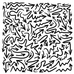 Hand-drawn curved lines with diagonal arrows in doodle style. collection of simple line arrows.