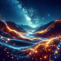 Glowing digital valley under a starry night. Lights weave and flow through mountain ranges