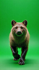 Young brown bear walking away from camera with glossy black eyes and dense fur on green screen background natural lighting highlighting textures and details