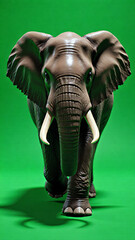 Elephant walking on green background with trunk curled up and tusks in view showcasing detailed texturing for an almost lifelike appearance