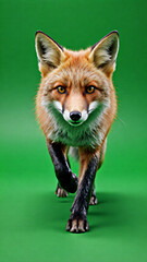 Alert fox walking towards camera with intense gaze and ears perked forward set against green backdrop