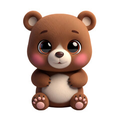 cartoon fluffy brown teddy bear, large expressive eyes and pink cheeks, isolated on a white or transparent background, cutout, PNG