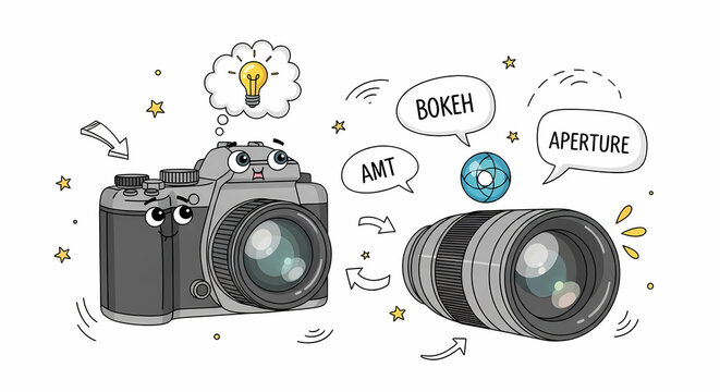 Artistic hand-drawn photography illustrations. Includes doodles of cameras, lenses, tripods, film rolls, and composition elements. Creative and technical line art.