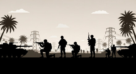 Fototapeta premium Silhouetted soldiers and tanks in a desert landscape with palm trees and power lines, illustrating a military scene