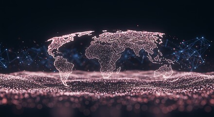 Glowing digital world map with connected dots, representing global networking