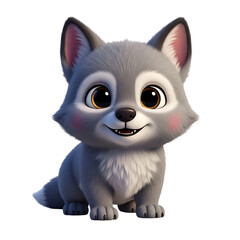Fototapeta premium cartoon wolf cub, big eyes and pink cheeks smiling, isolated on a white or transparent background, cutout, PNG