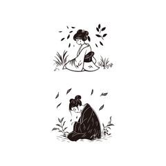 vintage sketch illustration of a Japanese Geisha wearing a beautiful floral kimono, sitting sadly and pensive in the grass with leaves falling around her