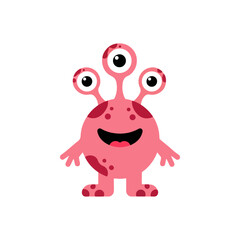 Cartoon Pink Alien Monster with Three Eyes and a Friendly Smile.