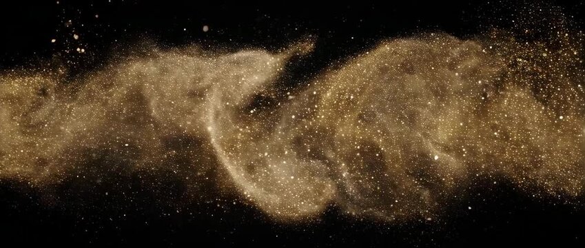 A luxurious and elegant stream of golden particles flowing like liquid dust against a black background.