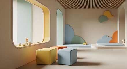 Modern playroom interior with colorful geometric design
