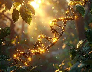 Glowing DNA helix structure, with sunlight streaming through lush green foliage, a science concept