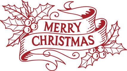 "Merry Christmas" red ribbon banner with holly vector illustration, A classic red line-art illustration of a ribbon banner with the text "Merry Christmas," decorated with holly leaves and berries
