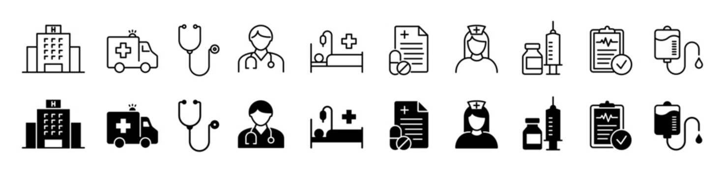 Hospital icon set. Medical and healthcare symbol. Vector illustration.