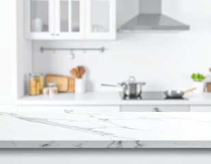 White Counter, Blurred Cabinets, Clean Aesthetic.