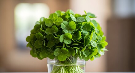Fresh watercress bouquet in clear glass vase