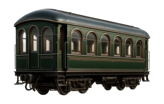Classic train car featuring arched windows and intricate detailing.