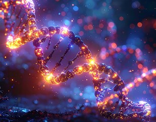 Glowing DNA strand in a vibrant, artistic representation of life's fundamental building blocks
