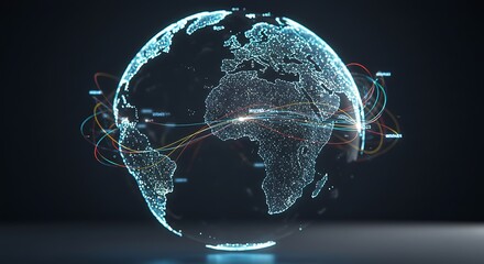 Glowing digital representation of Earth with connected lines on a dark background