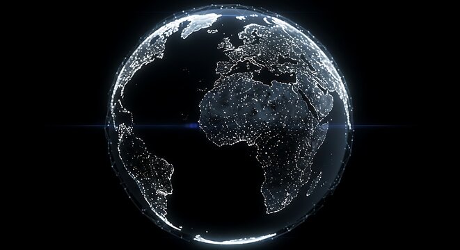 Glowing digital representation of Earth with city lights on a deep black background