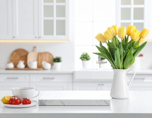 White Counter, Blurred Kitchen Aesthetic Balance.