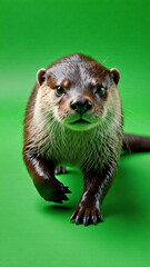A brown otter on a green floor looking alert and curious.