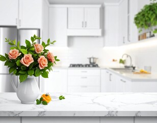 White Counter, Blurred Kitchen Minimal Detail.