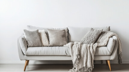 Soft gray sofa with cozy textured pillows and knitted throw blanket in minimalist living room, creating calm and inviting atmosphere