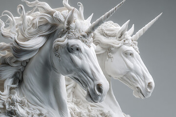 Majestic unicorn pair with elegant flowing manes embodies fantasy and purity in art