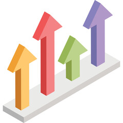 Four rising arrows in ascending order showing growth and progress on a white platform with a transparent background and soft lighting