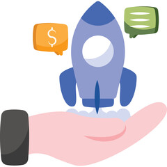 Hand Holding Purple Rocket Ship Launching Forward with Dollar Sign and Chat Bubbles on Transparent Background