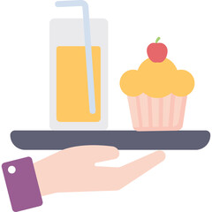 Hand Serving A Tray With A Tall Glass Of Orange Juice And A Cupcake Topped With A Red Cherry On A White Background