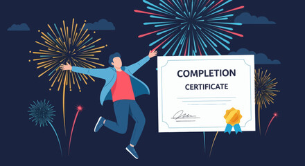 Joyful Man Celebrating Completion with Certificate and Fireworks.