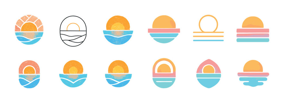 Sunset icon set with abstract ocean waves in pastel colors