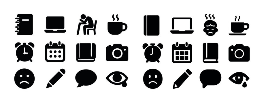 Collection of office and communication icons including laptop, coffee, and calendar
