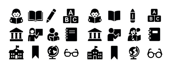 Education icons set: student, book, pencil, teacher, globe, building
