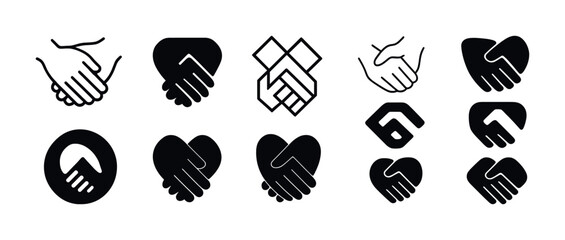 Handshake icons: collaboration and unity symbols in black and white design