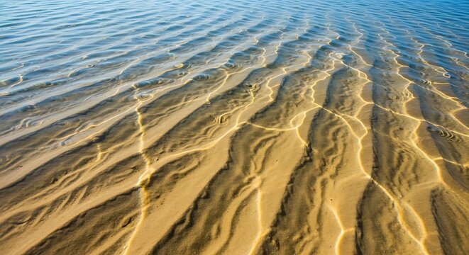 Abstract natural background of sunlit sand ripples seen through calm, clear water