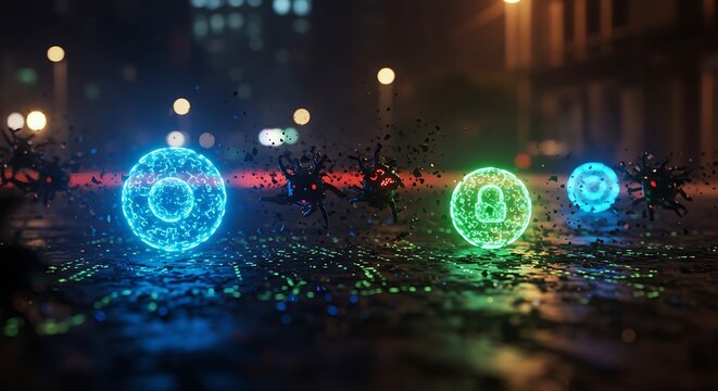 Glowing digital security spheres on city street, night scene with particle effects