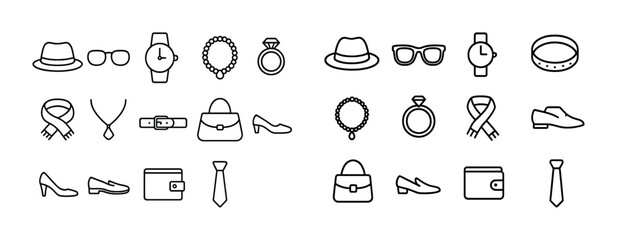 Collection of fashion and accessory line icons including hats, watches, jewelry, shoes, bags, and ties