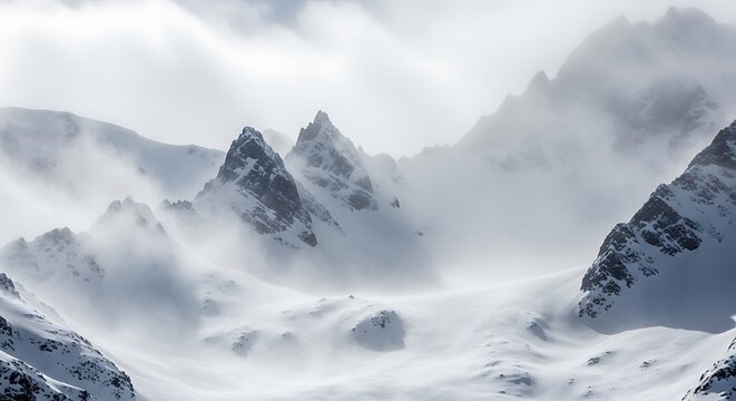 Majestic snow-capped mountain peaks shrouded in swirling mist, a breathtaking winter landscape