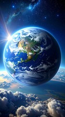 Glowing Earth rising above clouds, with sunlight, stars, and cosmic beauty